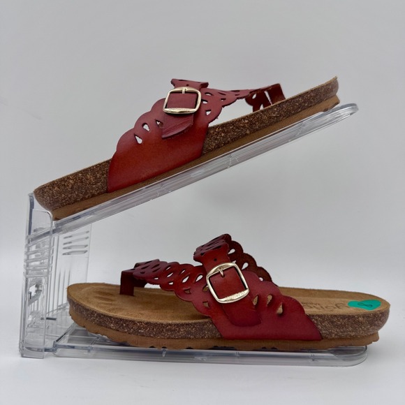 yokono Shoes - Yokono Ibiza Dark Red Leather Scalloped Toe Loop Cork Sandals Made in Spain | 8